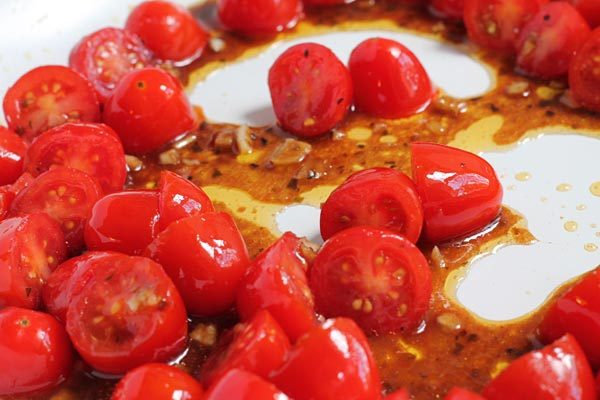 tomatoes cooking for the caprese pasta salad