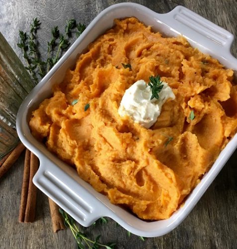 savory sweet potatoes in a dish baked