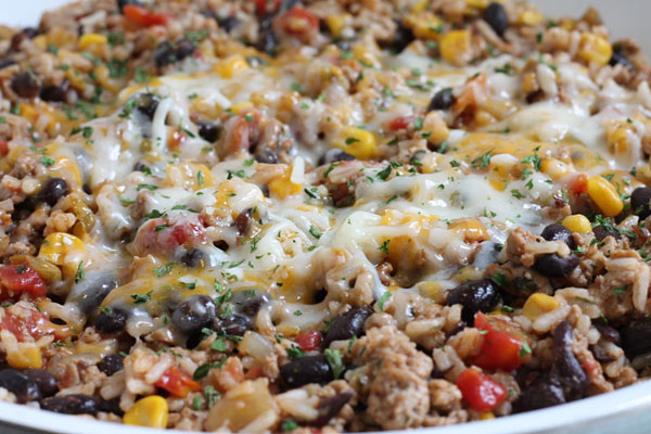 turkey skillet close up with corn beans and cheese