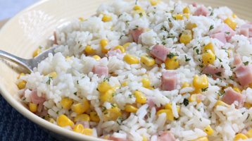 bowl of white rice and corn